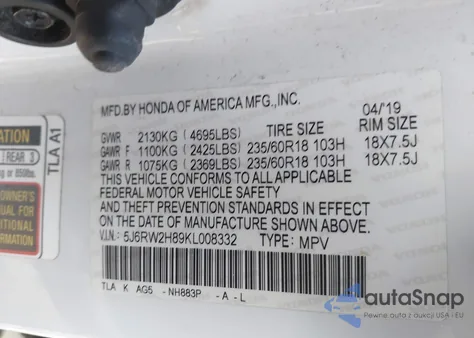 2019 Honda Cr-V Ex-L from USA, damaged, VIN 5J6RW2H89KL008332